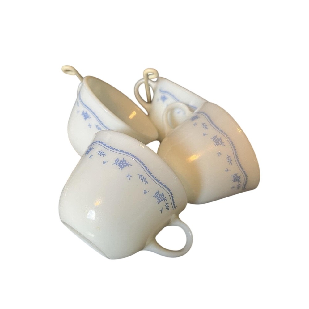 Set of 4 Vtg Pyrex Coffee Tea Cups‎ Morning Blue Floral Pattern White Milk Glass